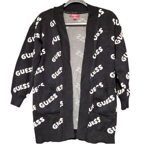 GUESS Women’s Size XS Cardigan Sweater Black Logo Print Open Front